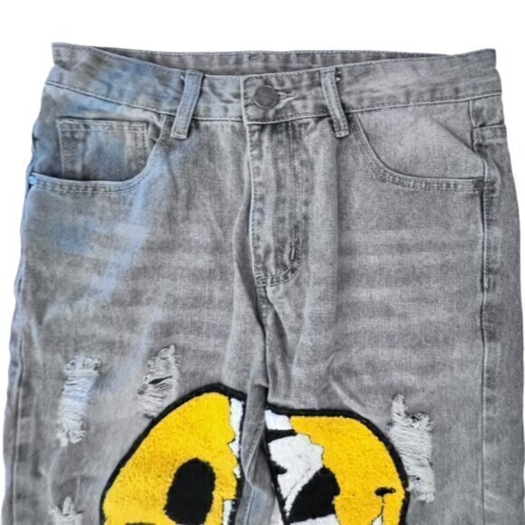 🎉SALE🎉 Distressed Denim Jeans Cartoon Graphic‎ Smiley Face Skull Streetwear 30 - Picture 4 of 14